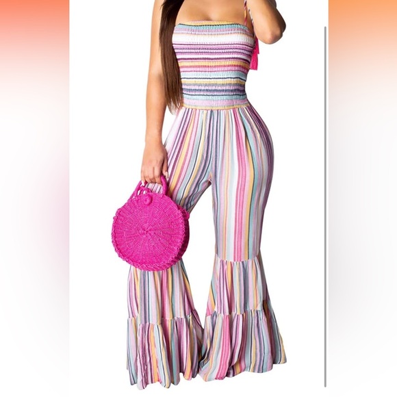 Pants - Size XL striped multicolored pastels jumper with unique flare legs